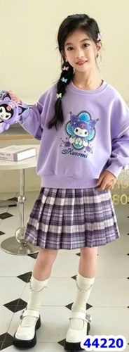 Set áo Hoodie Kuromi, chân váy caro tím xếp ly +túi đeo